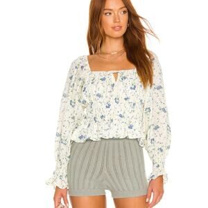 Faithfull the Brand Sz 12‎ Linen Gillian Puff Sleeve Smocked Peplum Cottagecore